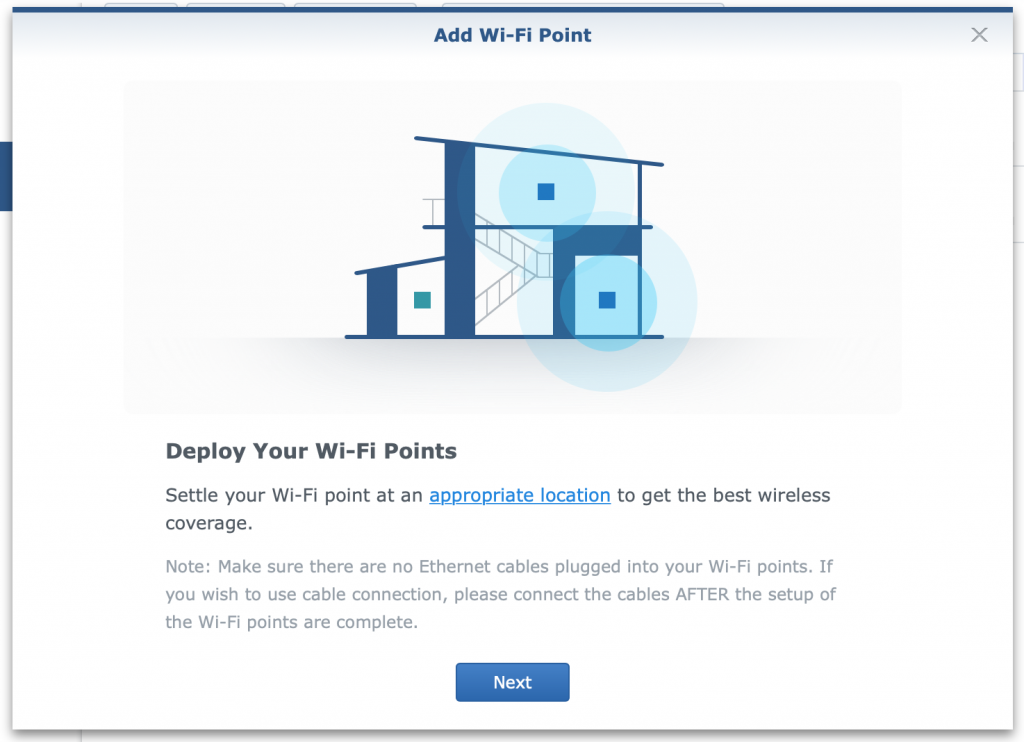 A screenshot of the first page of the Add Wi-Fi Point wizard in Synology Router Manager SRM 1.2.3