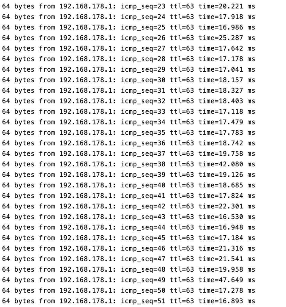 Screenshot of pings to modem through the entire mesh network - much better indeed.