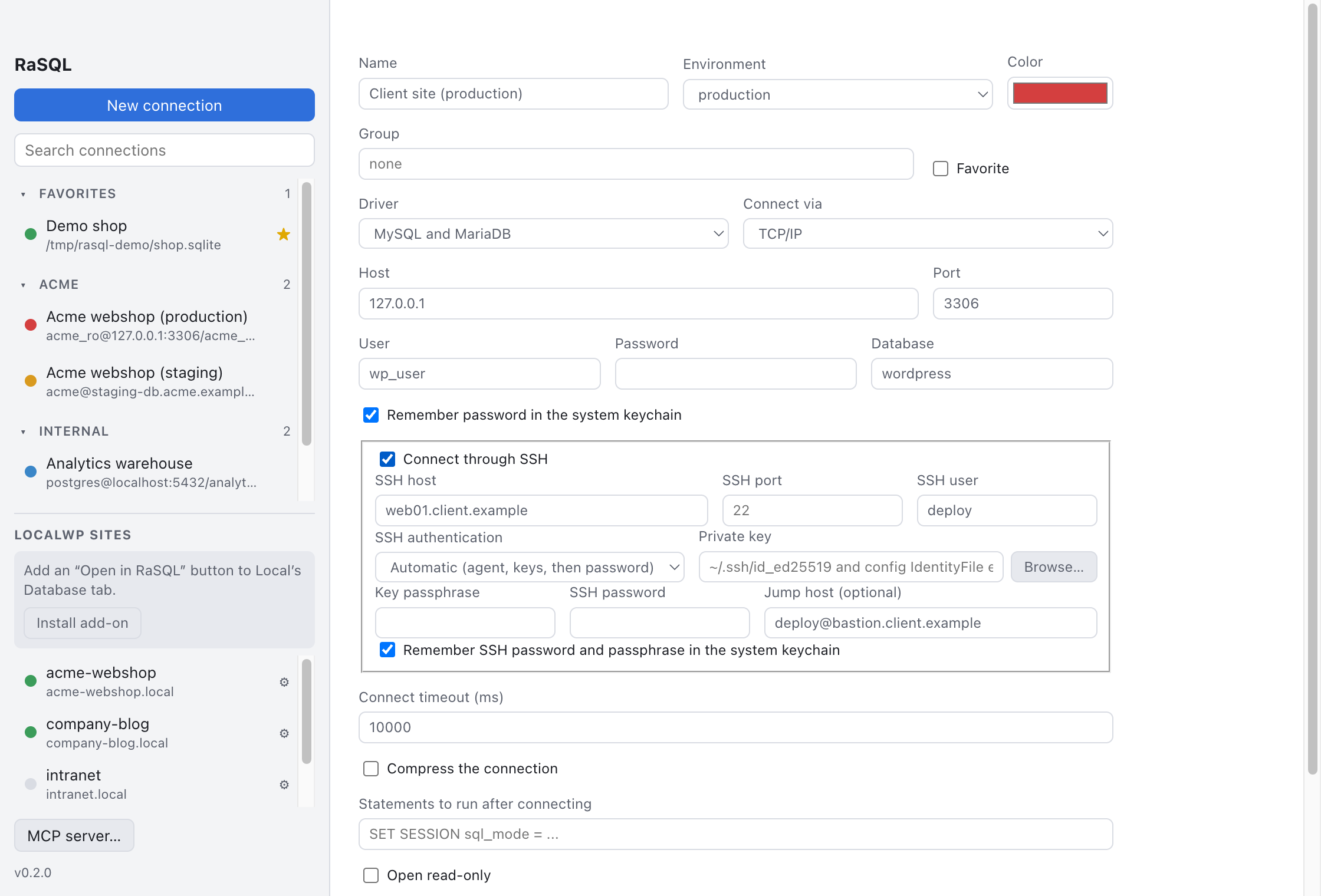 The new connection form for a MySQL production connection, with the environment set to production, a red color, and SSH enabled with a host, user and jump host.