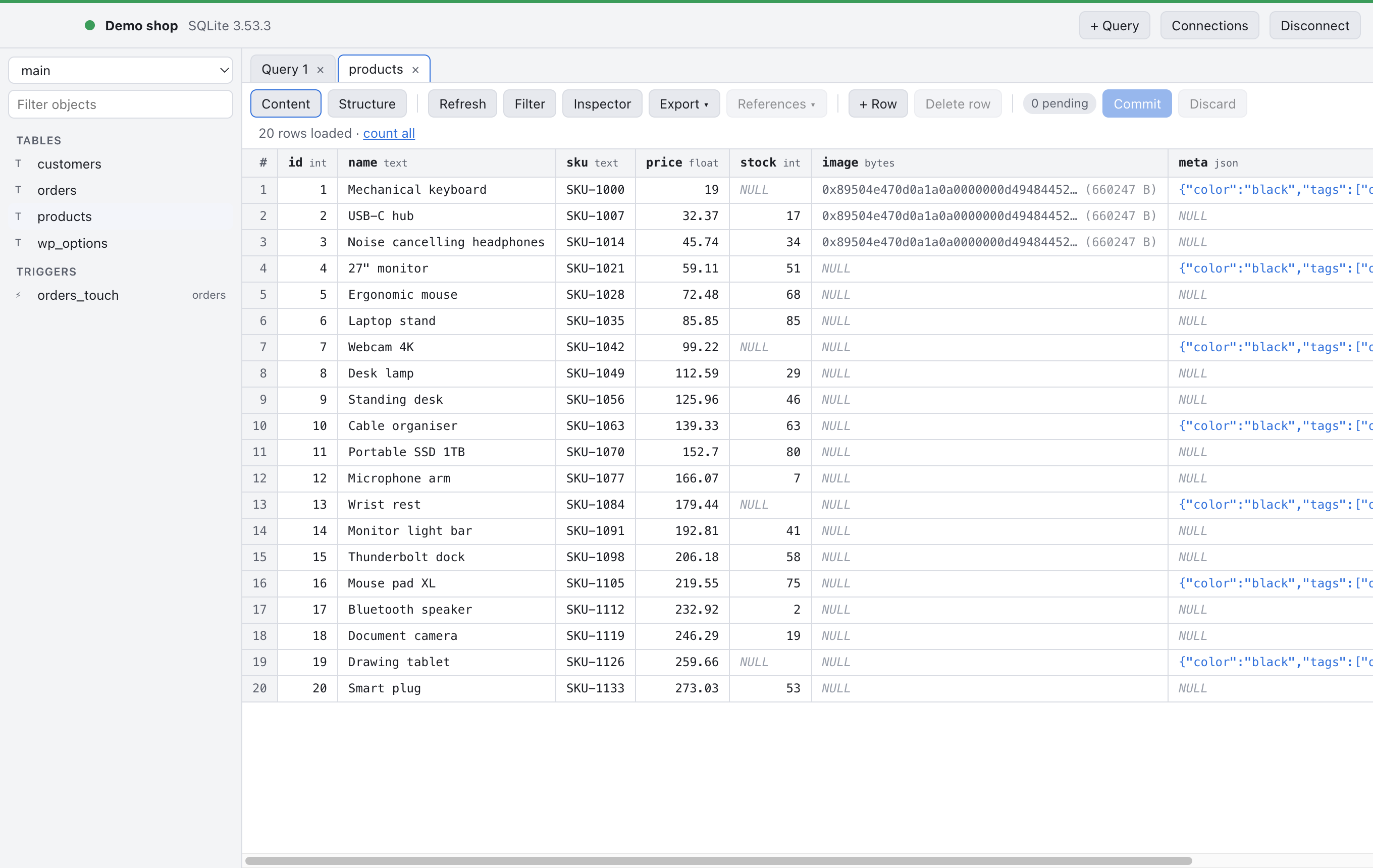 The products table in the grid, with column types next to each header, NULL values in grey italics, a bytes column and a JSON column.