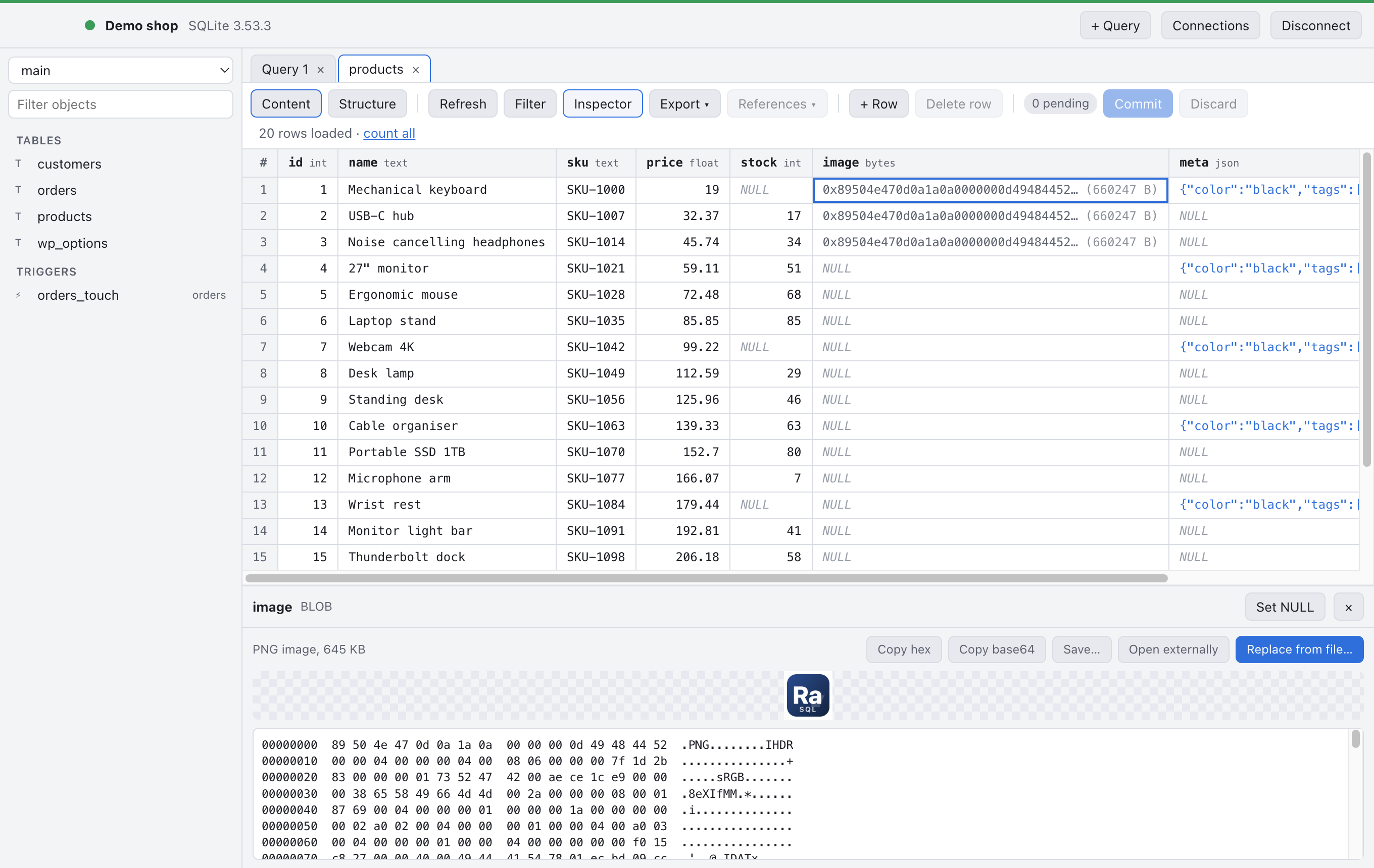 The inspector panel below the grid showing a PNG image preview and a hex dump of the blob, with buttons to copy, save, open externally and replace from file.