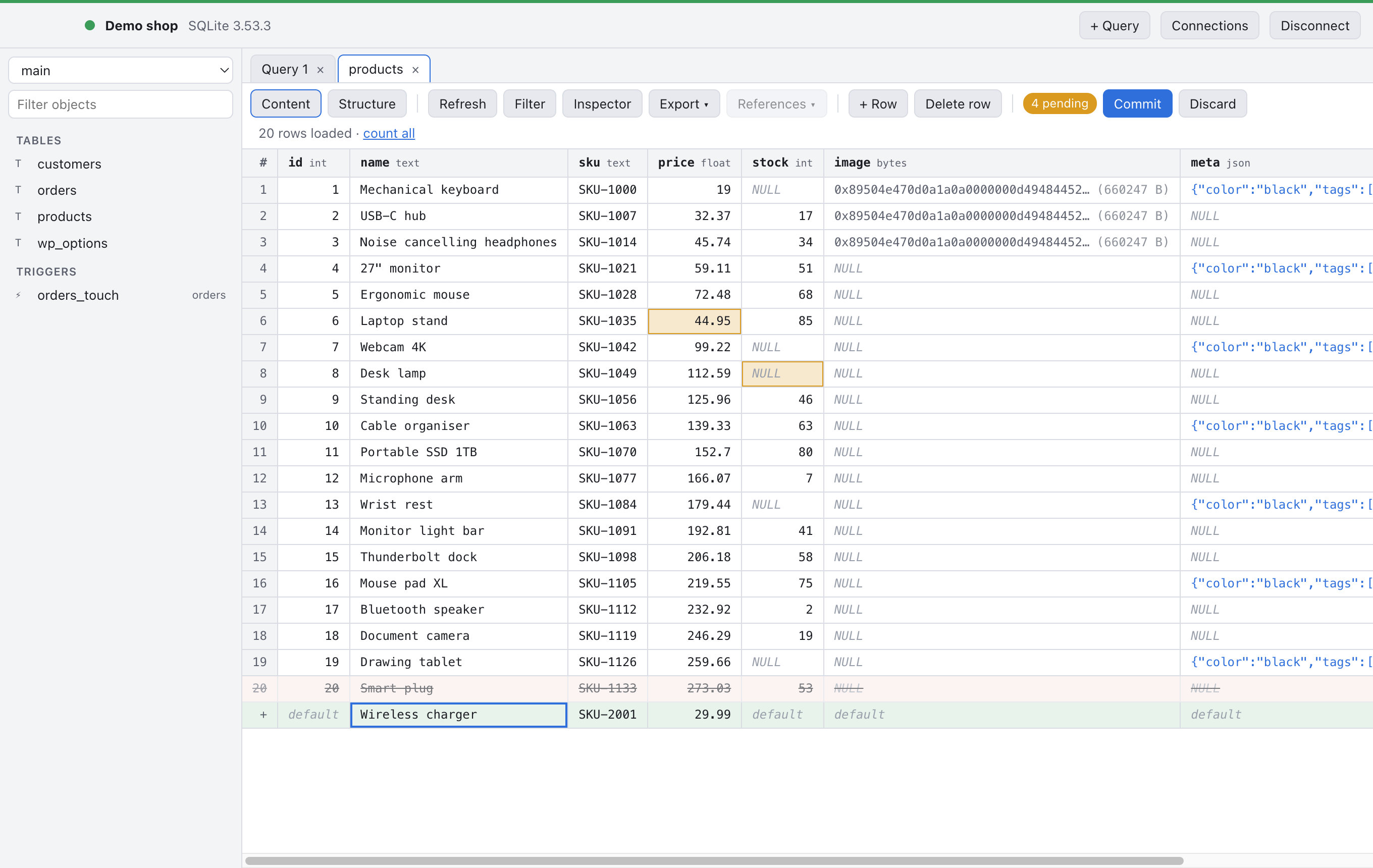 The products grid with an edited price highlighted, a stock value set to NULL, a row struck through for deletion, a new green row, and a badge saying 4 pending.