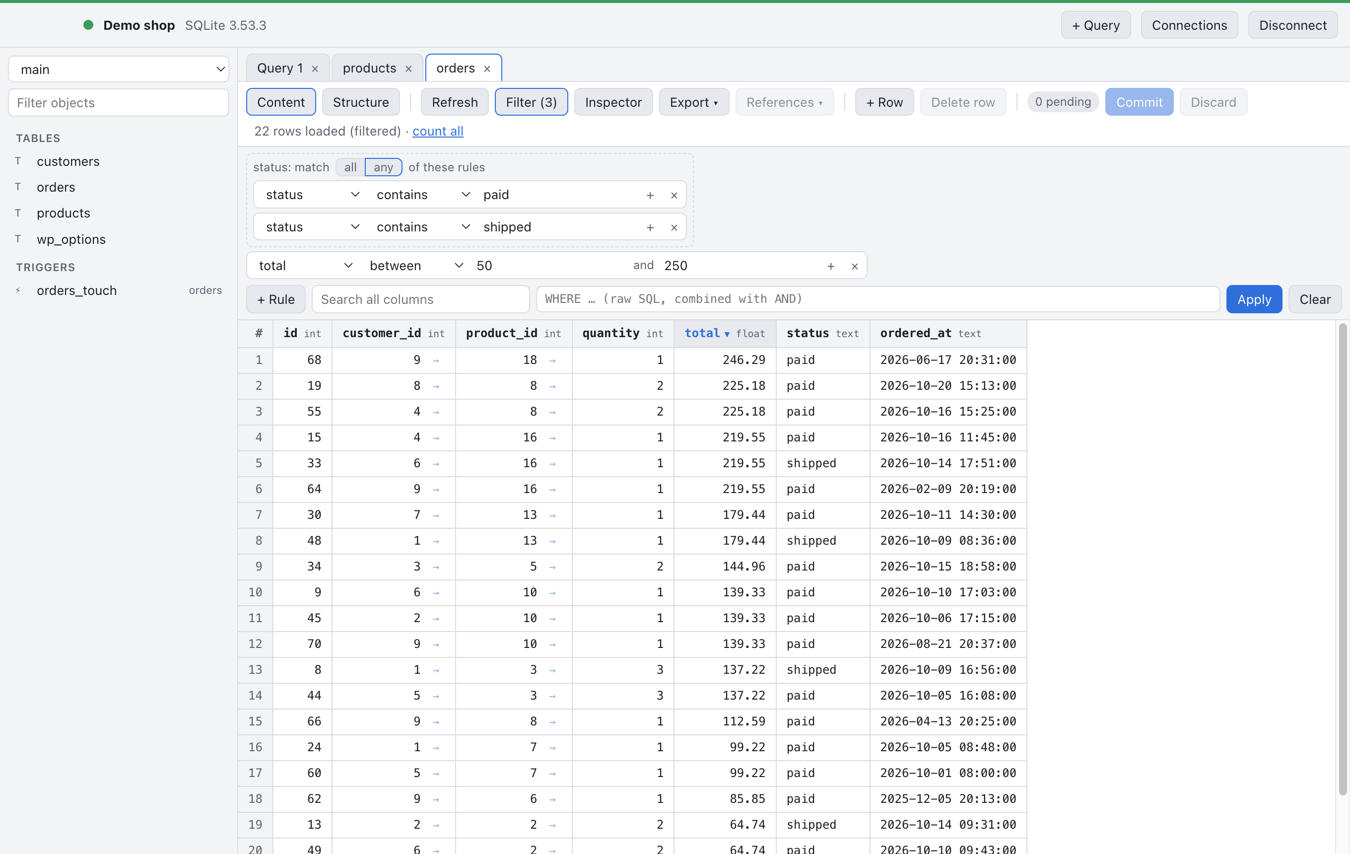 The orders table filtered on status paid or shipped and a total between 50 and 250, sorted by total descending.