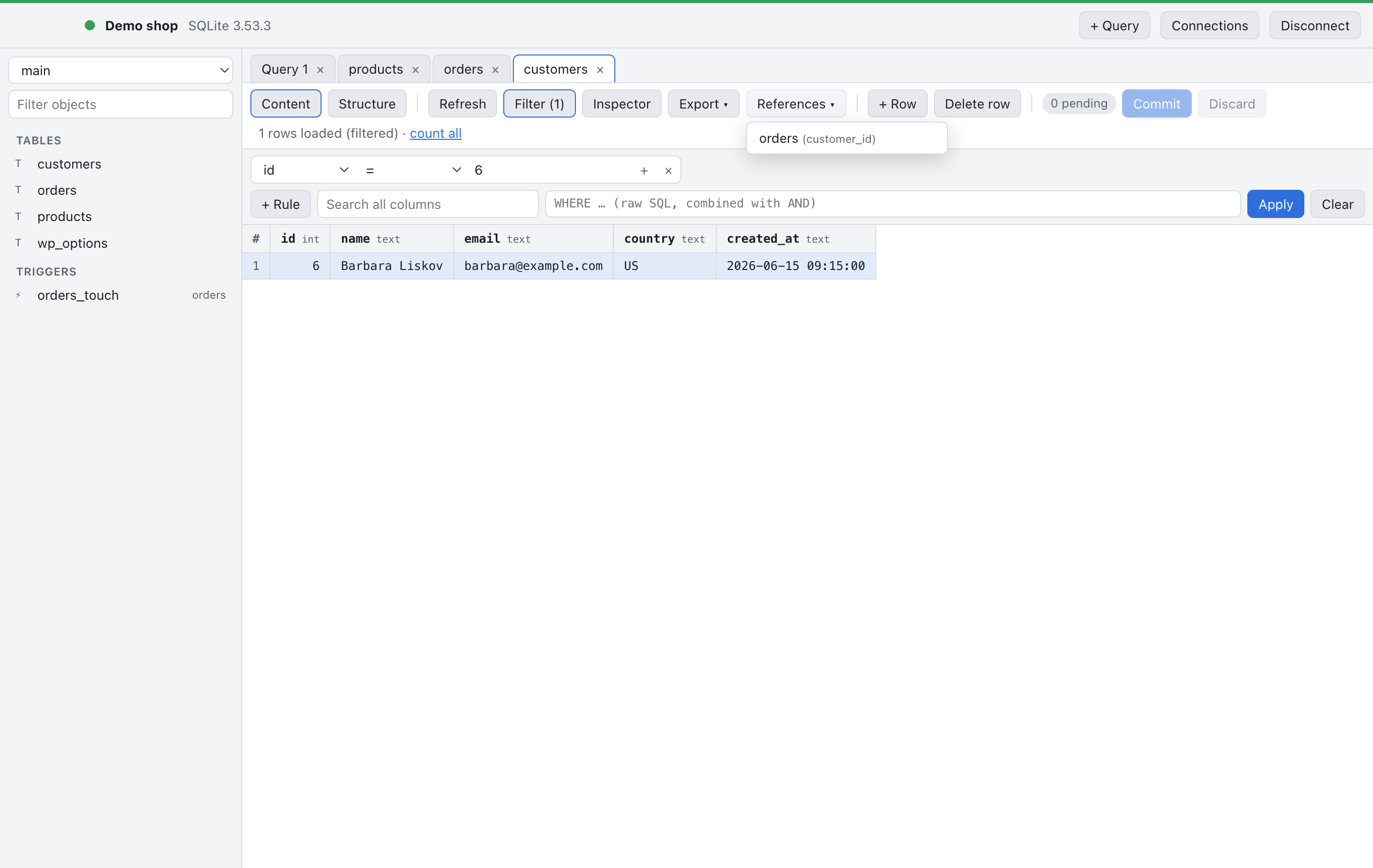 A customer row opened from an order, with the References menu open and listing the orders table.
