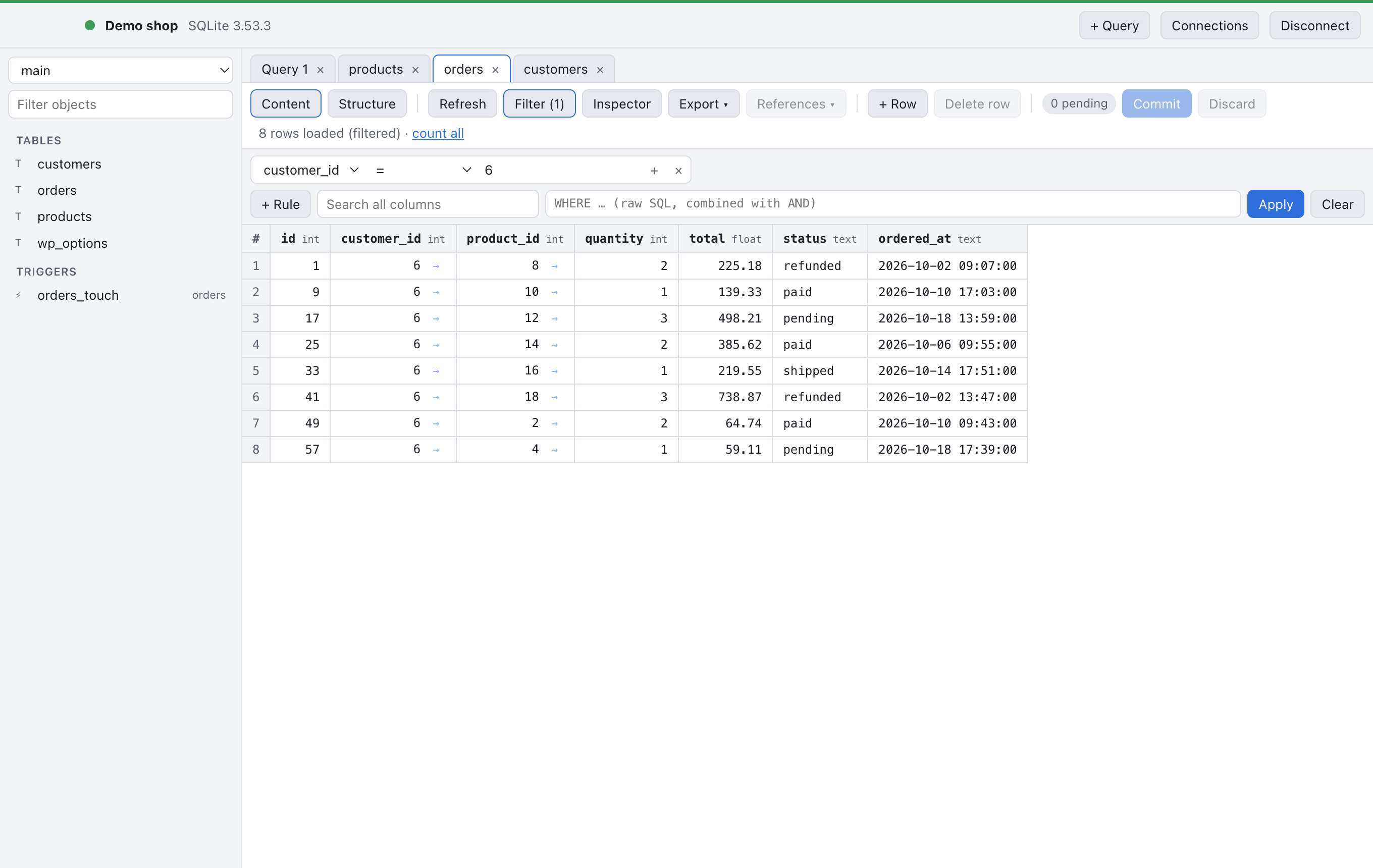 The orders tab filtered on the selected customer_id.