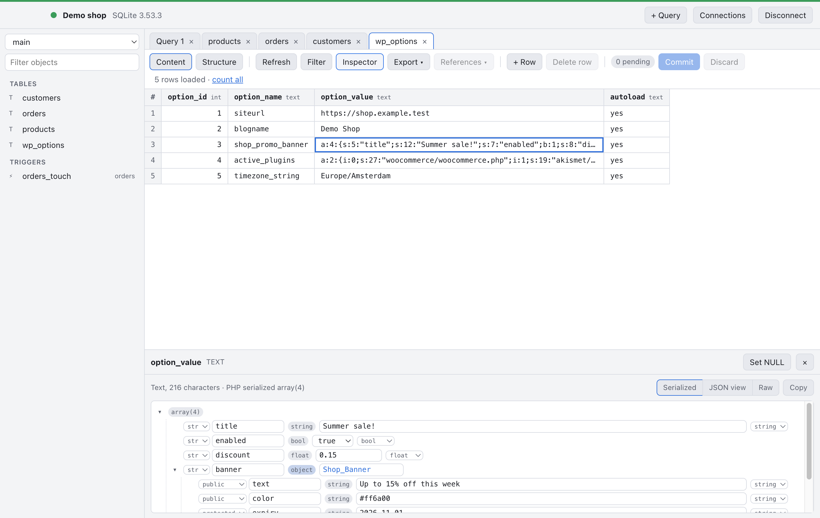 A wp_options row with a PHP serialized array opened in the inspector as a tree with keys, types and values, including an object of class Shop_Banner with public and protected properties.