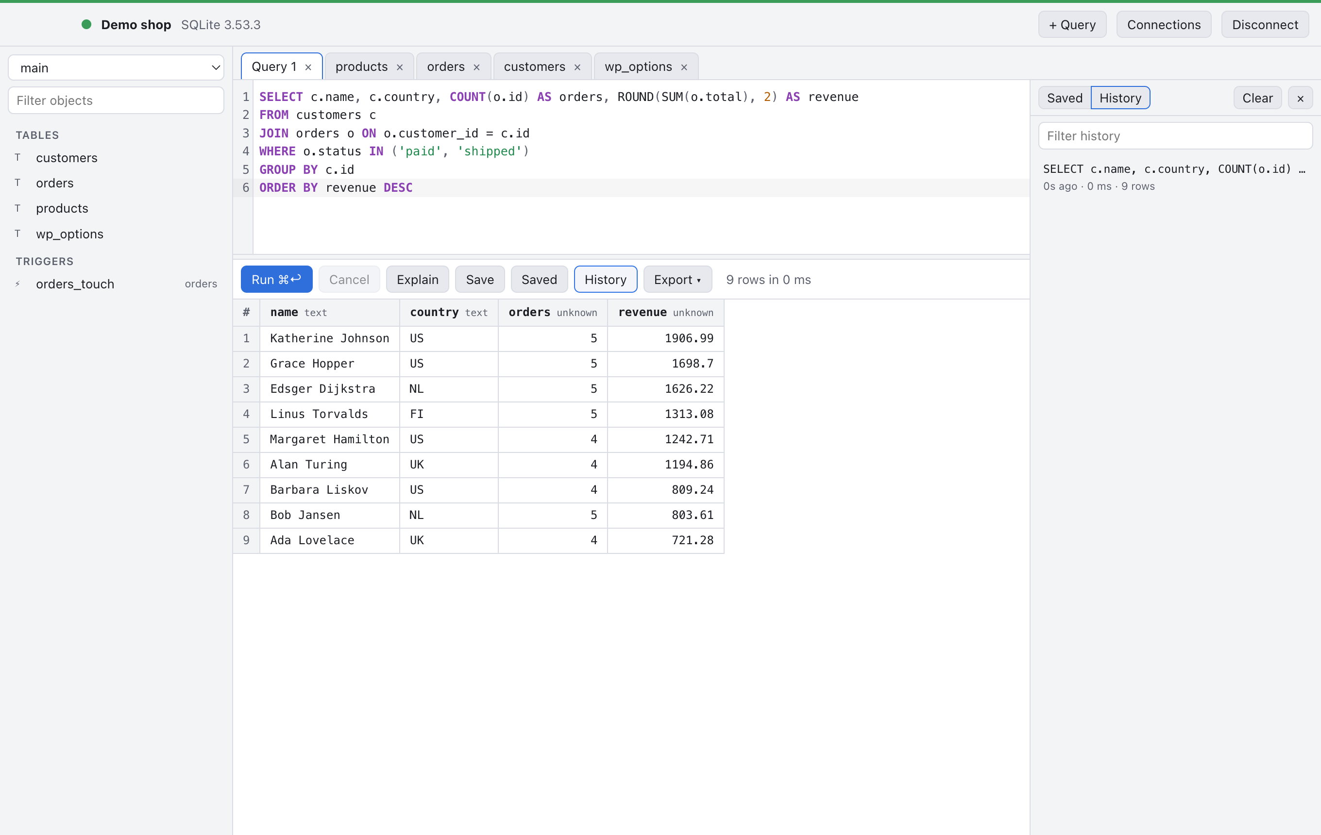 The query history panel listing earlier runs with their row counts.