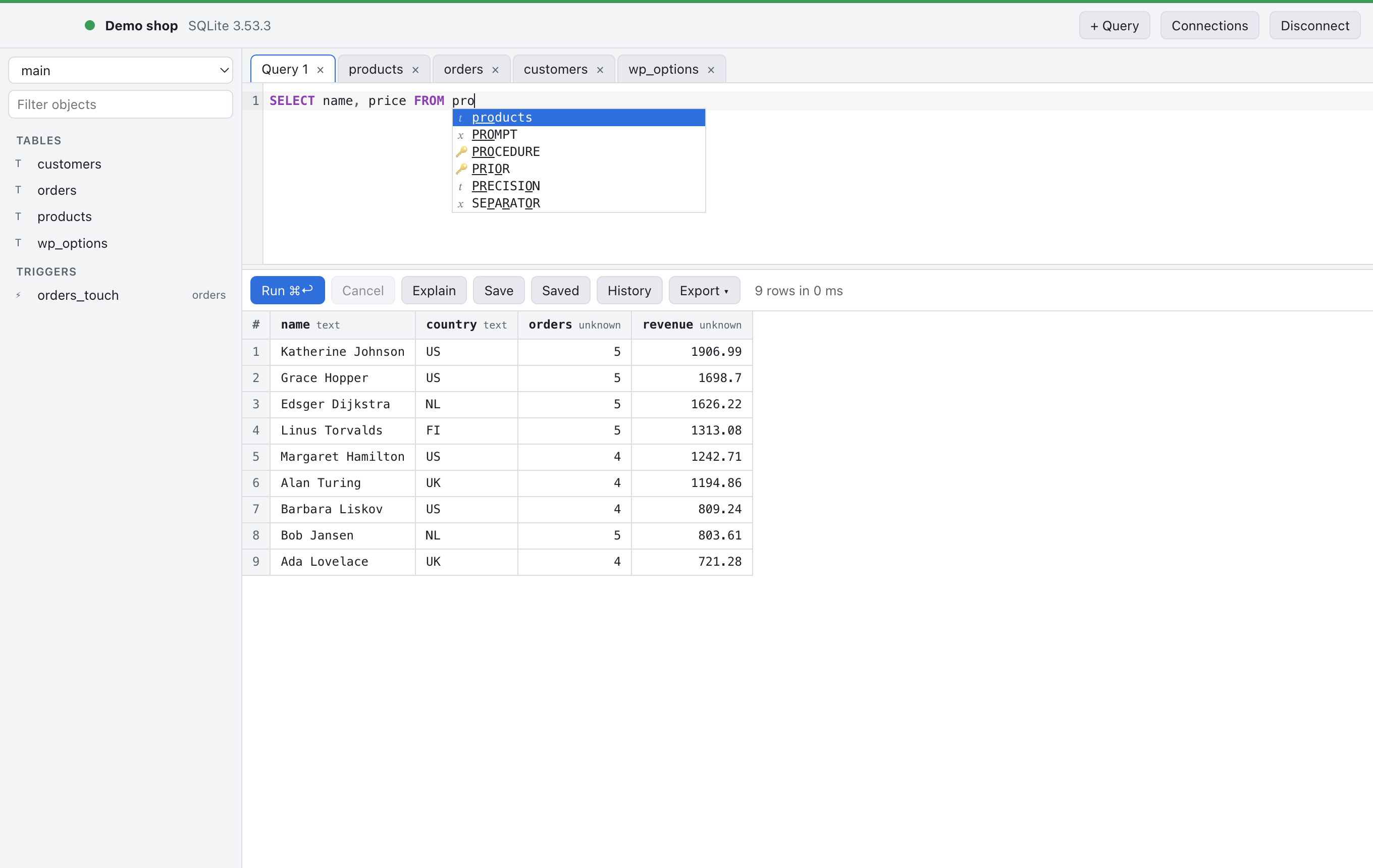 Autocomplete suggesting the products table while typing a query.