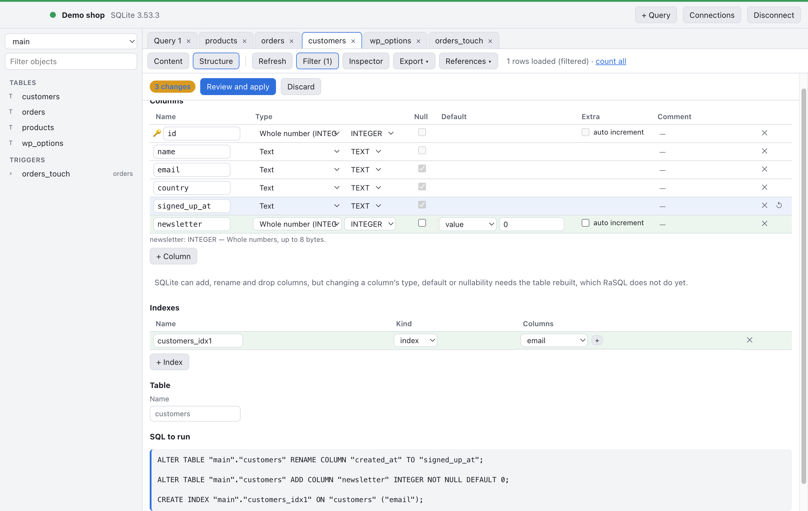 The SQL to run: a RENAME COLUMN, an ADD COLUMN with a default, and a CREATE INDEX.