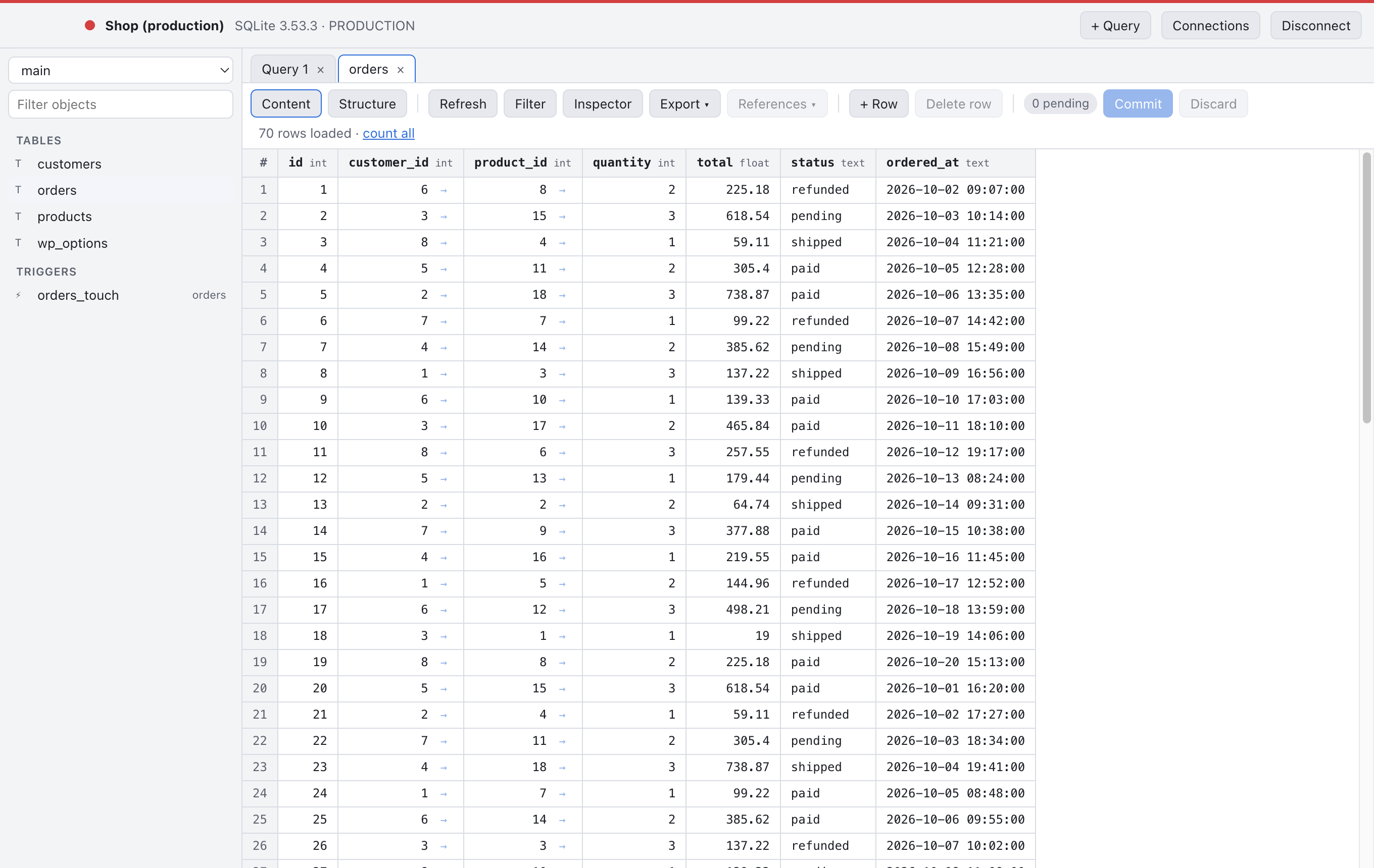 A connection window with a red bar at the top and the label PRODUCTION next to the database version.