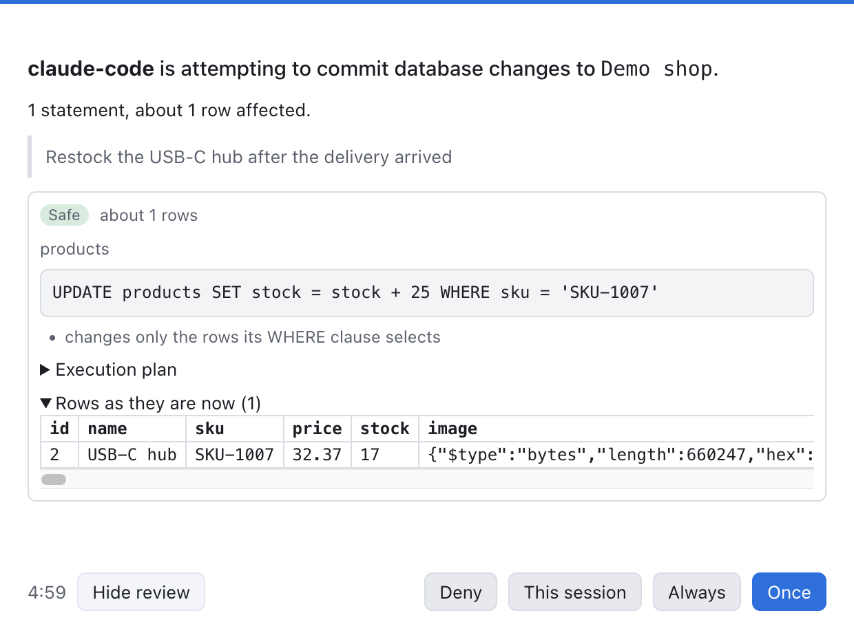 A prompt saying claude-code is attempting to commit database changes to Demo shop: an UPDATE that restocks the USB-C hub, marked Safe, about 1 row, with the current row shown and buttons Deny, This session, Always and Once.