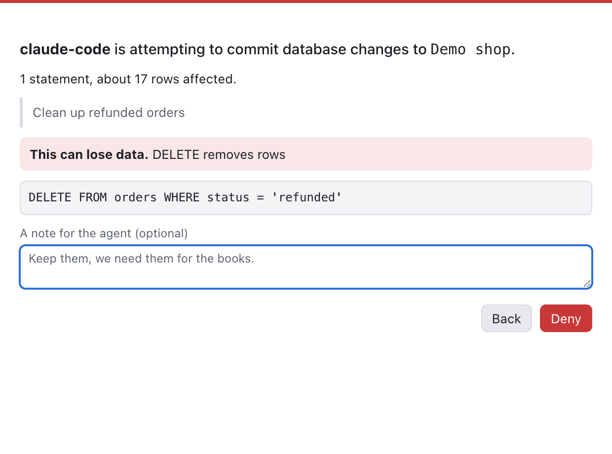 A prompt for a DELETE of refunded orders, with a red warning that this can lose data, and a note for the agent: Keep them, we need them for the books.