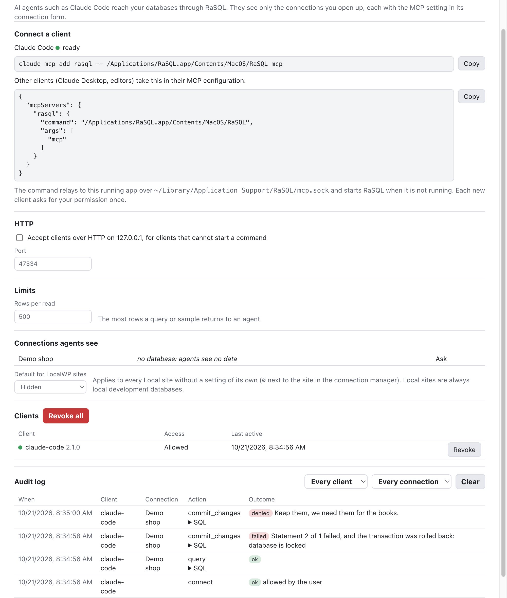 The MCP server window with the command to connect Claude Code, settings, the list of connections agents see, the clients list with claude-code allowed, and an audit log with a denied commit, a committed change and a query.
