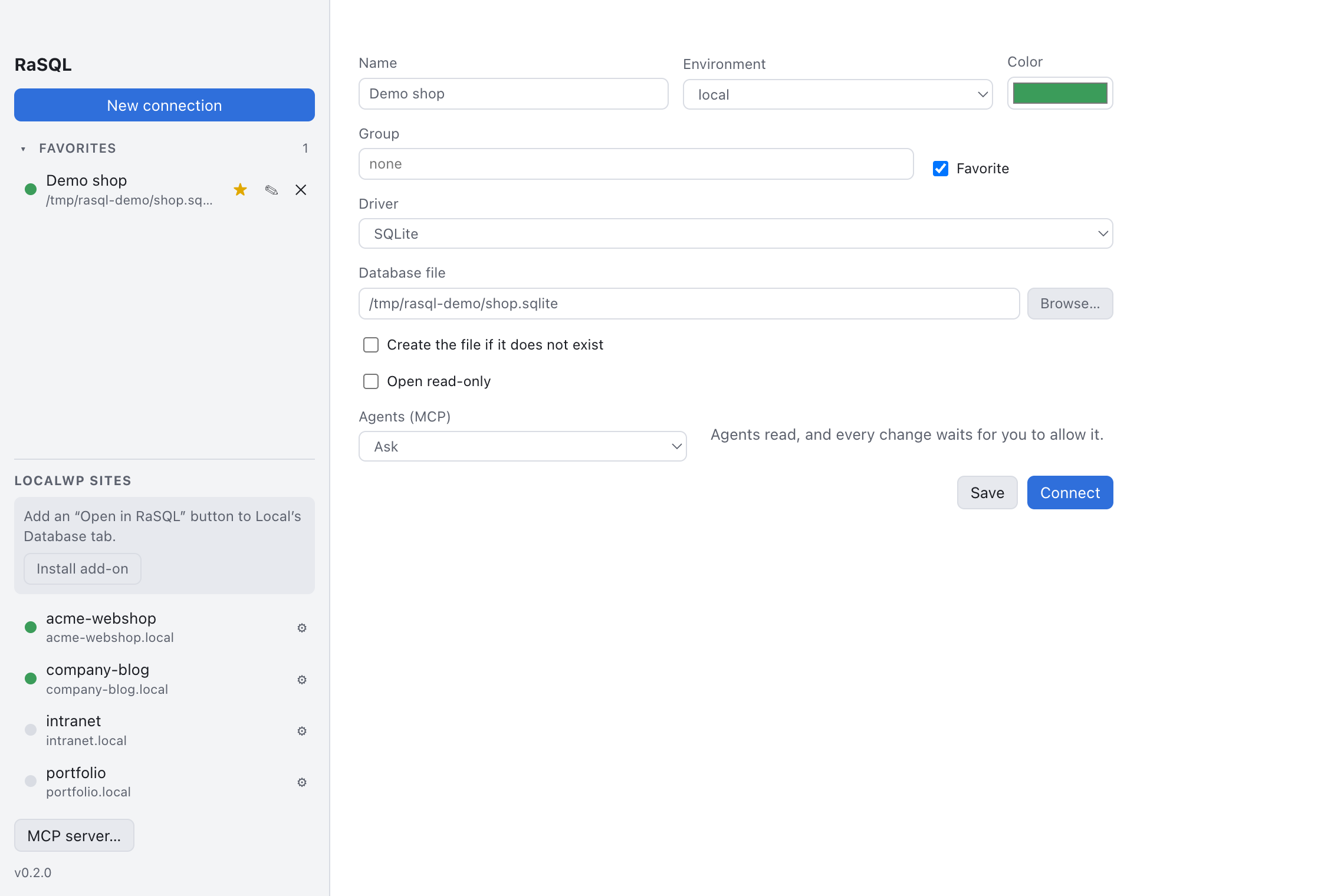 The connection form for Demo shop with the Agents (MCP) setting set to Ask.