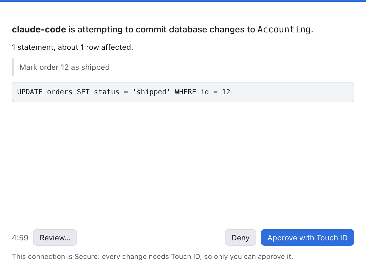 A commit prompt with an Approve with Touch ID button and the note that every change on this Secure connection needs Touch ID.